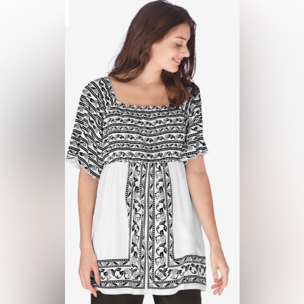 Woman Within Black and White Tunic with smocked bodice size 18/20